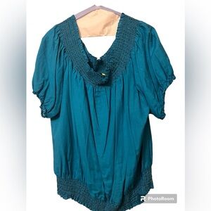 SOLD! Off the shoulder turquoise blouse  gathered waist